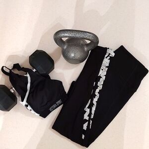Victoria's Secret Black with Silver Crisscross Leggings and Bra Workout Set